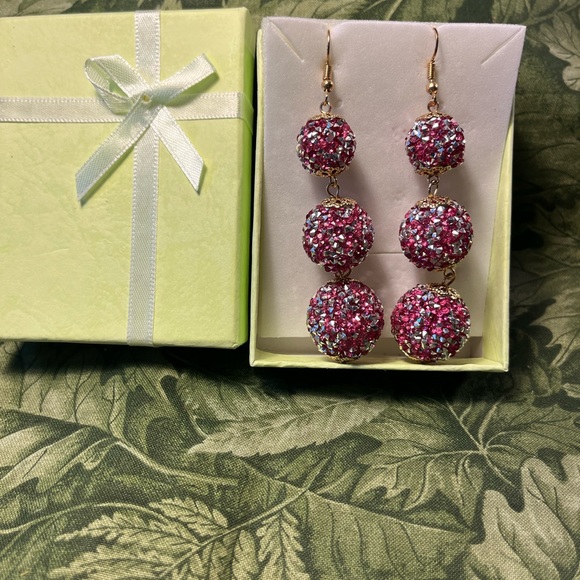 5230-PTT Boho SILVER/PINK CRYSTAL trim gold textured Balls Dangle Stud Earrings - Picture 2 of 9
